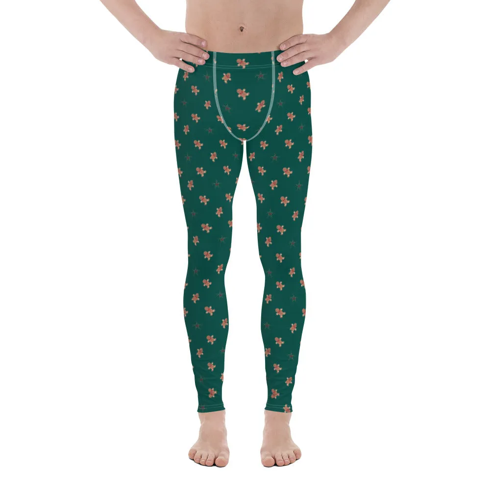 Gingerbread Christmas Holiday Men's Leggings, Festive Xmas Party Meggings Running Tights