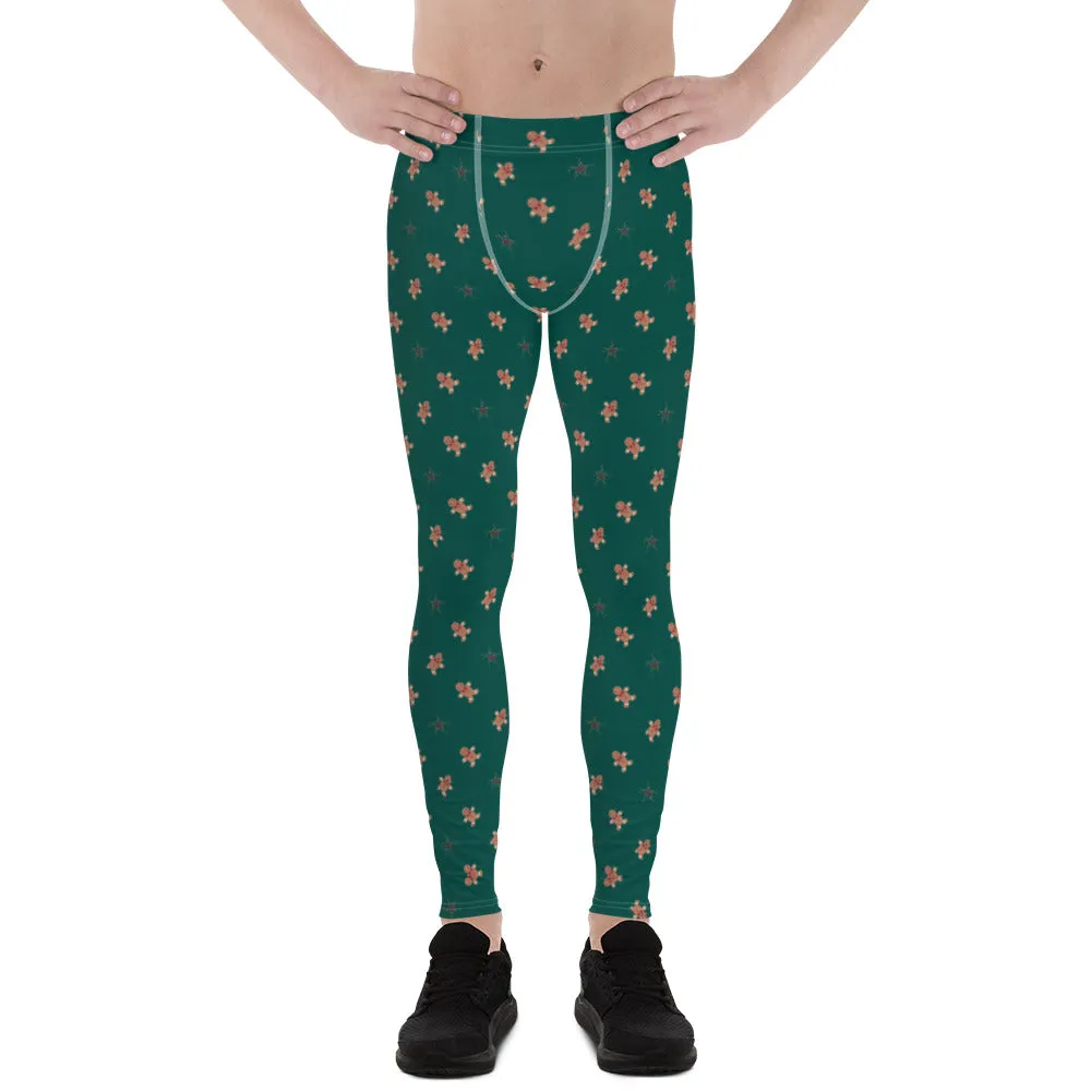 Gingerbread Christmas Holiday Men's Leggings, Festive Xmas Party Meggings Running Tights