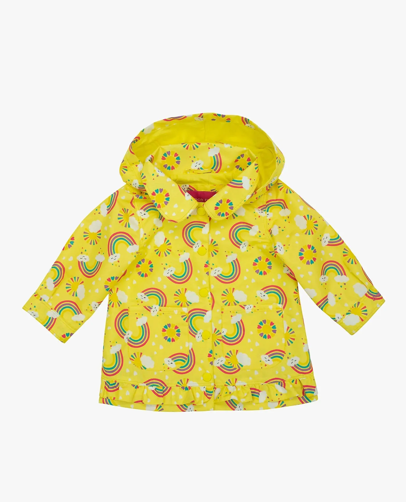 GIRLS PRINTED COLLARED SNAP FRONT RAINCOAT WITH HOOD