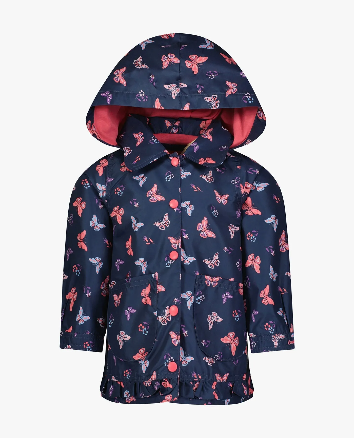 GIRLS PRINTED COLLARED SNAP FRONT RAINCOAT WITH HOOD