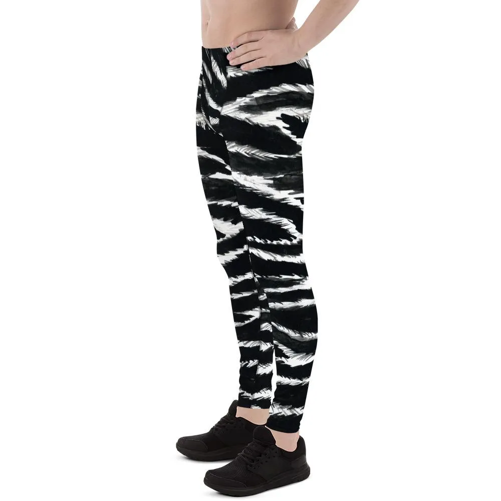 Glam Animal Print Zebra Meggings, Best Black Animal Print Men's Leggings Tights- Made in USA/EU/MX