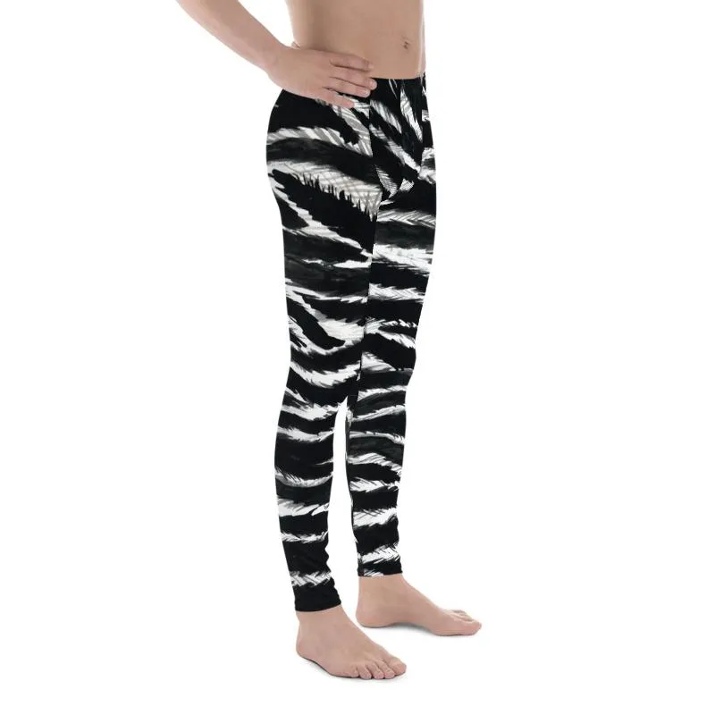 Glam Animal Print Zebra Meggings, Best Black Animal Print Men's Leggings Tights- Made in USA/EU/MX