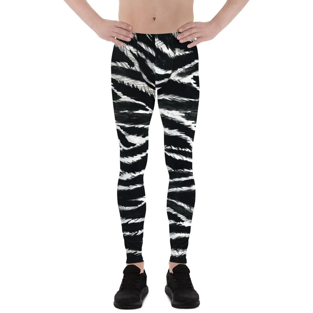 Glam Animal Print Zebra Meggings, Best Black Animal Print Men's Leggings Tights- Made in USA/EU/MX