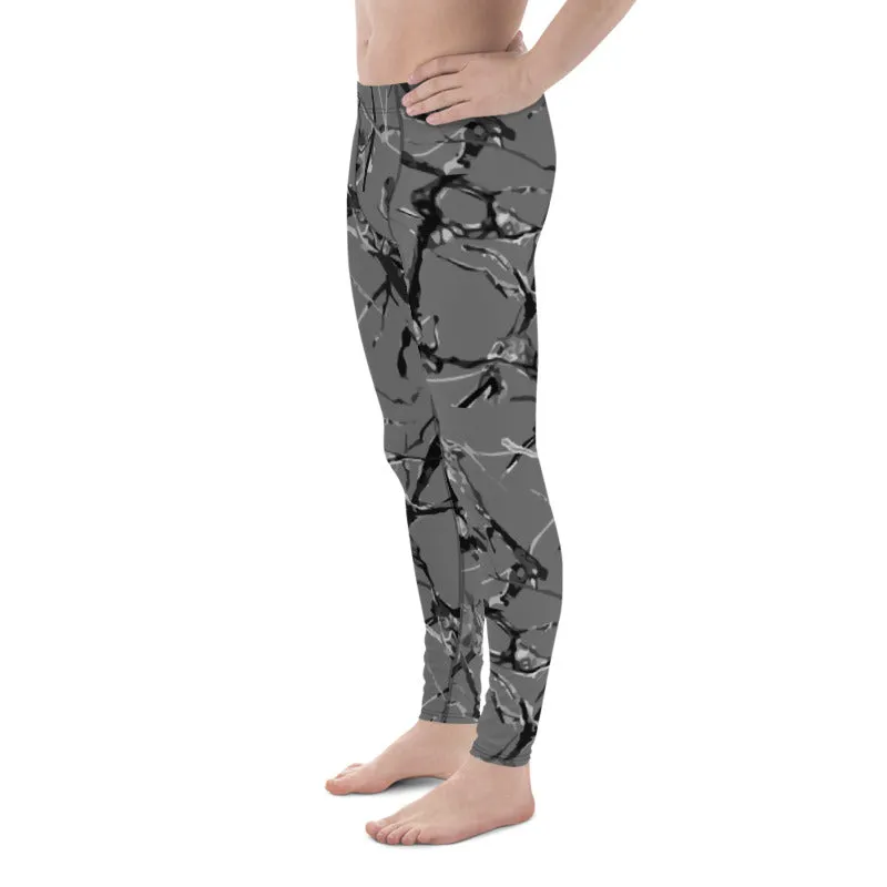 Gray Marble Print Meggings, Premium Compression Men's Running Tights- Made in USA/EU