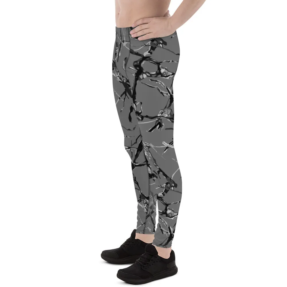 Gray Marble Print Meggings, Premium Compression Men's Running Tights- Made in USA/EU