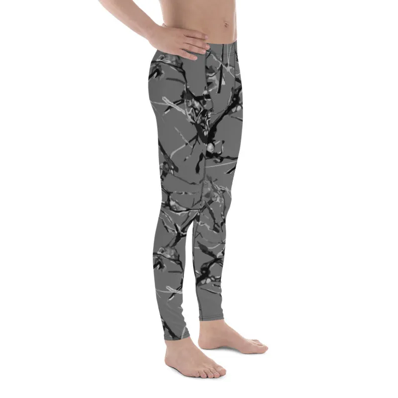 Gray Marble Print Meggings, Premium Compression Men's Running Tights- Made in USA/EU