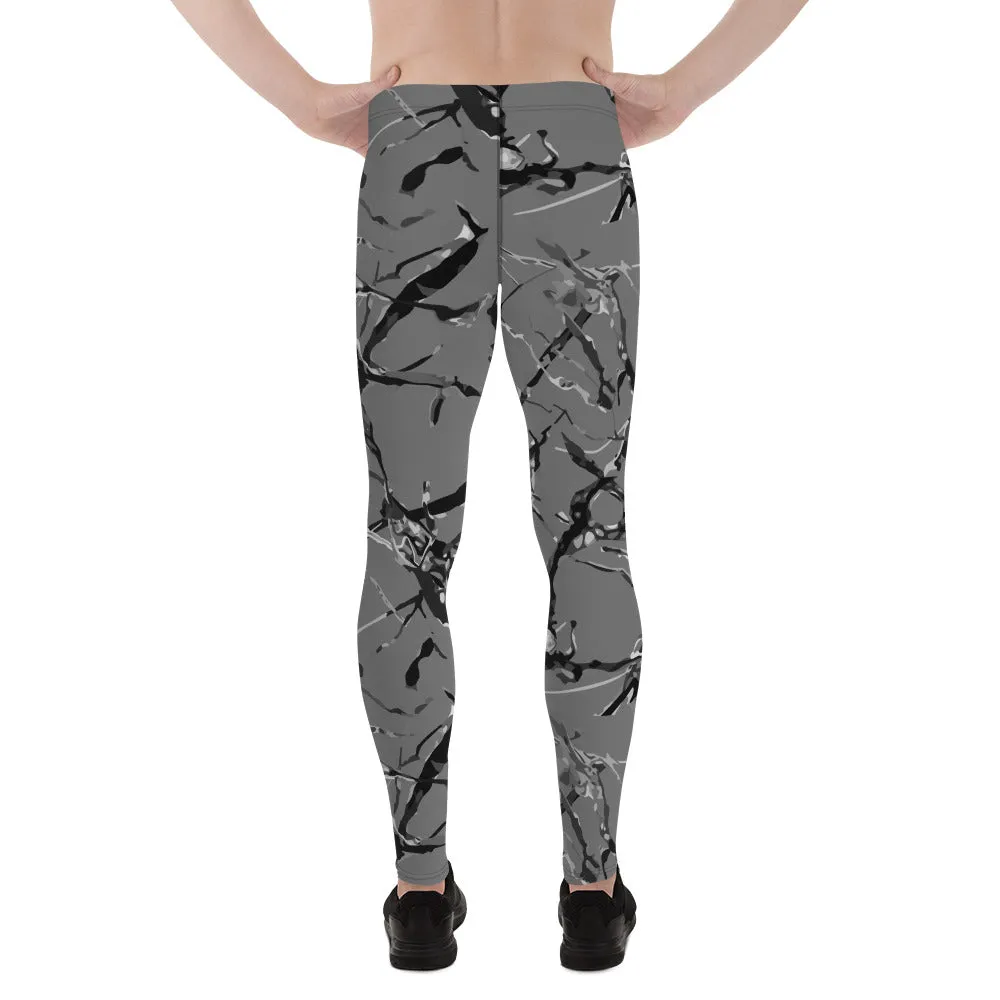 Gray Marble Print Meggings, Premium Compression Men's Running Tights- Made in USA/EU