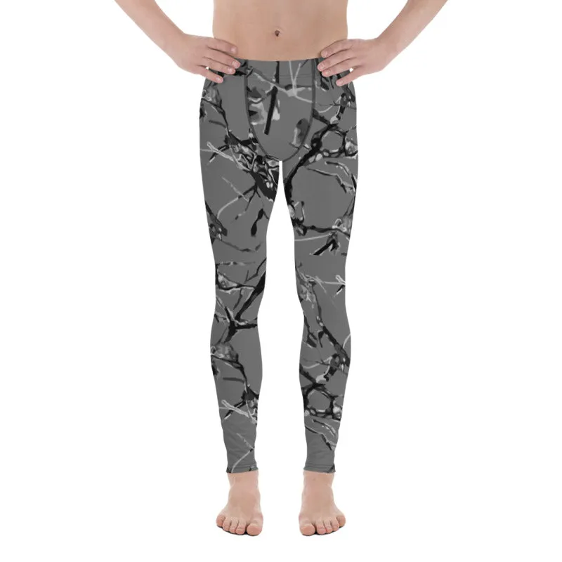 Gray Marble Print Meggings, Premium Compression Men's Running Tights- Made in USA/EU