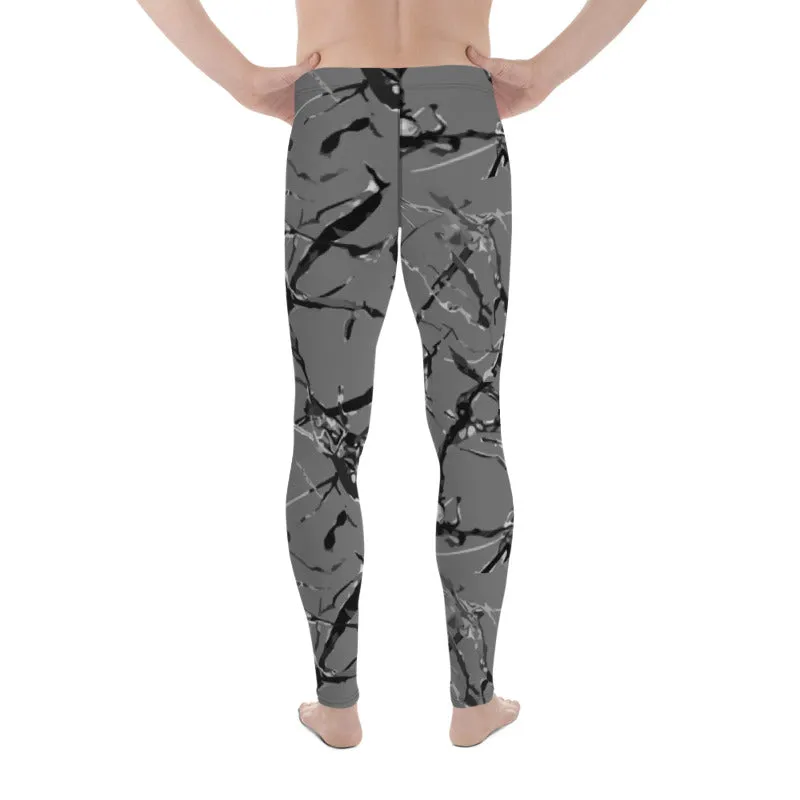 Gray Marble Print Meggings, Premium Compression Men's Running Tights- Made in USA/EU