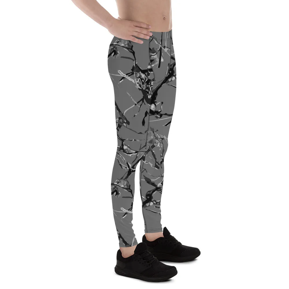 Gray Marble Print Meggings, Premium Compression Men's Running Tights- Made in USA/EU