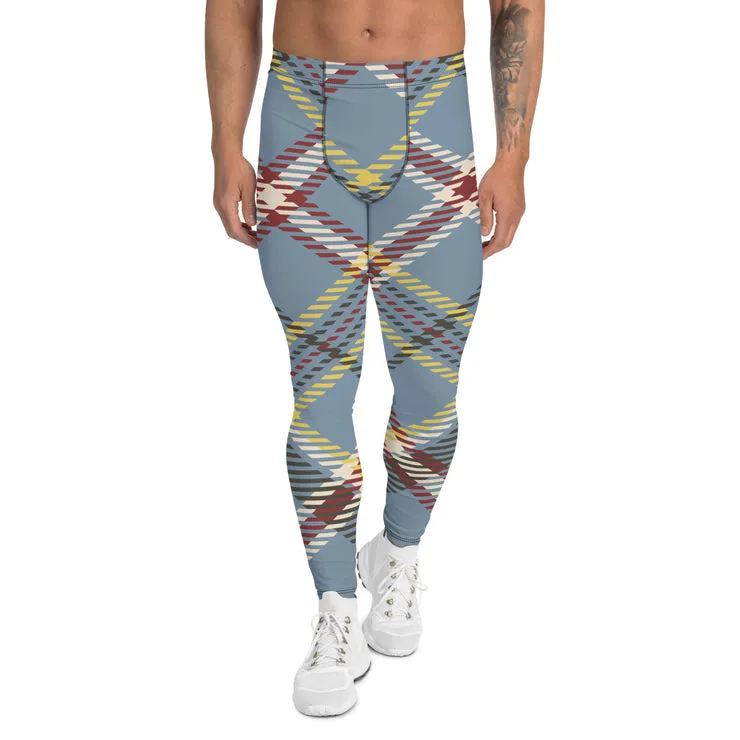 Gray Plaid Print Men's Leggings, Classic Tartan Plaid Print Meggings Compression Christmas Tights-Made in USA/EU/MX