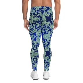 Green Blue Floral Men's Leggings, Best Blue Oriental Style Floral Print Meggings Compression Tights - Made in USA/EU/MX