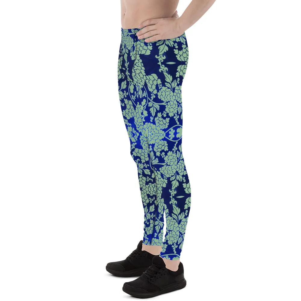 Green Blue Floral Men's Leggings, Best Blue Oriental Style Floral Print Meggings Compression Tights - Made in USA/EU/MX