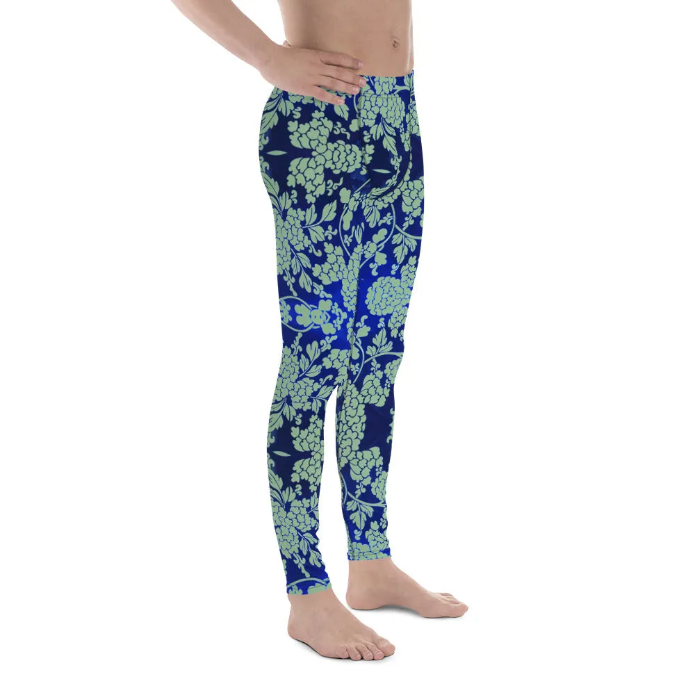 Green Blue Floral Men's Leggings, Best Blue Oriental Style Floral Print Meggings Compression Tights - Made in USA/EU/MX