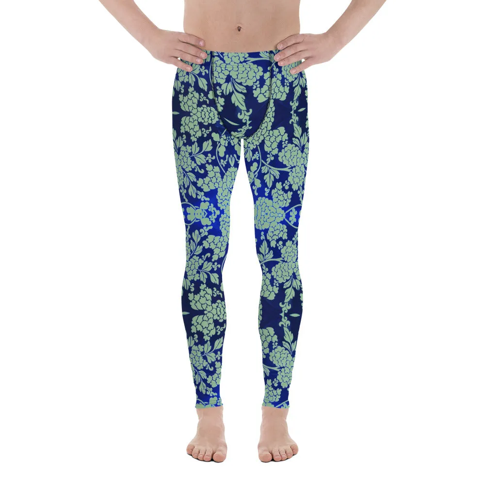 Green Blue Floral Men's Leggings, Best Blue Oriental Style Floral Print Meggings Compression Tights - Made in USA/EU/MX