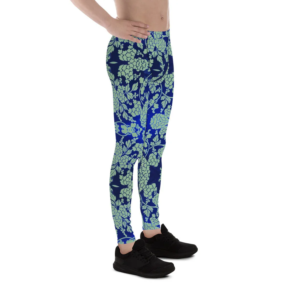 Green Blue Floral Men's Leggings, Best Blue Oriental Style Floral Print Meggings Compression Tights - Made in USA/EU/MX