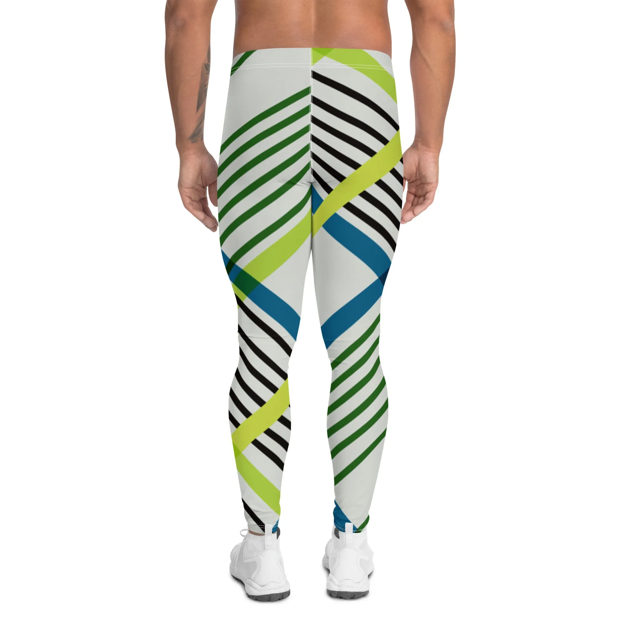 Green Blue Plaid Print Meggings, Plaid Print Men's Leggings, Classic Tartan Plaid Print Meggings Compression Christmas Tights-Made in USA/EU/MX