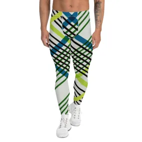 Green Blue Plaid Print Meggings, Plaid Print Men's Leggings, Classic Tartan Plaid Print Meggings Compression Christmas Tights-Made in USA/EU/MX