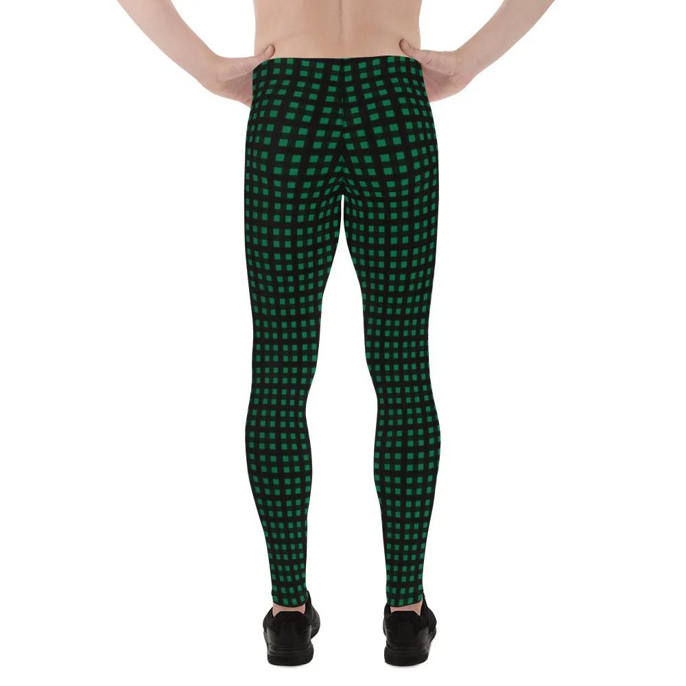 Green Buffalo Plaid Meggings, Premium Christmas Style Holiday Festive Men's Leggings Best Run Tights-Made in USA/EU/MX