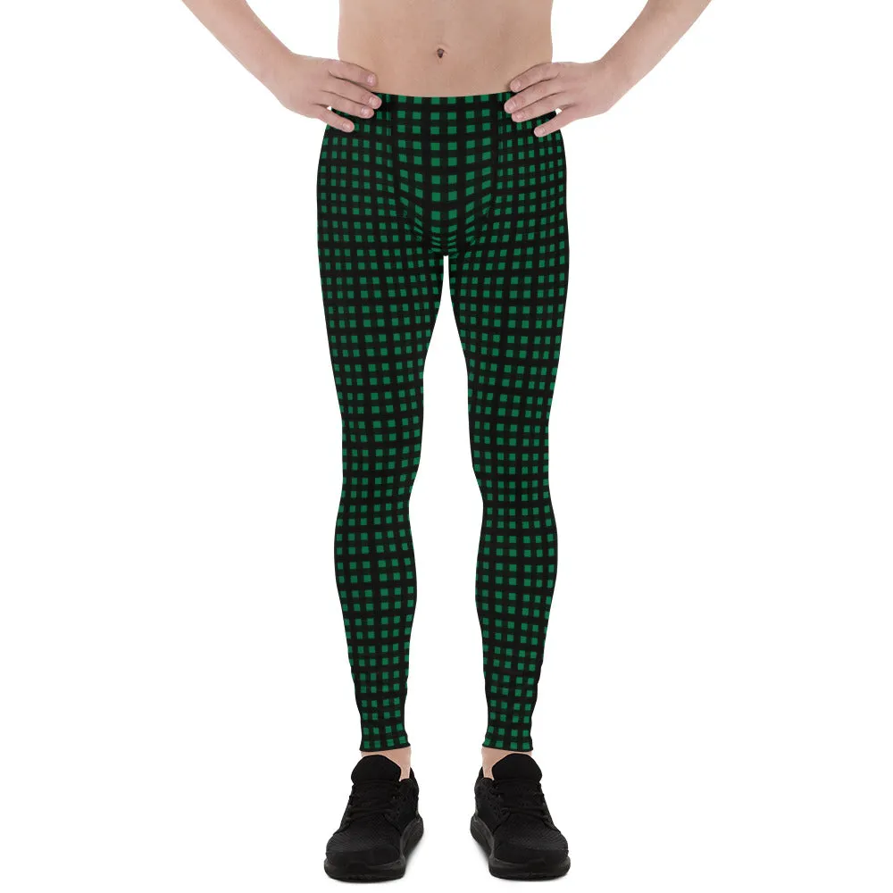 Green Buffalo Plaid Meggings, Premium Christmas Style Holiday Festive Men's Leggings Best Run Tights-Made in USA/EU/MX