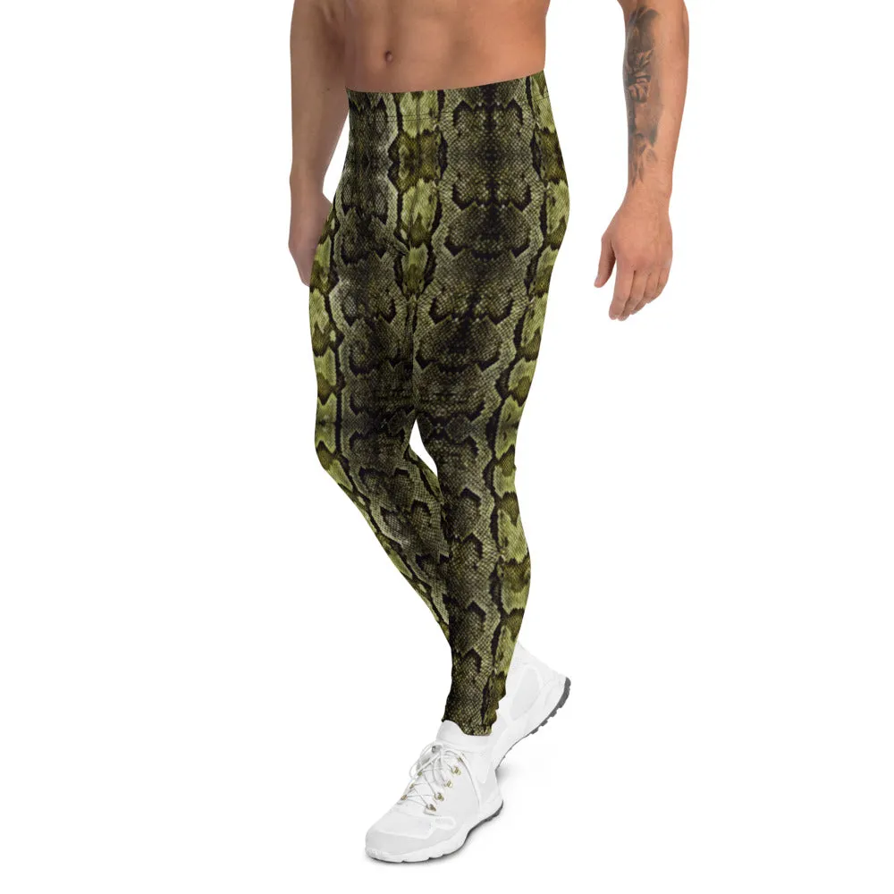 Green Snake Print Men's Leggings, Snake Skin Python Style Meggings Tights For Men - Made in USA/EU