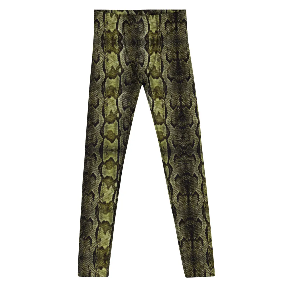 Green Snake Print Men's Leggings, Snake Skin Python Style Meggings Tights For Men - Made in USA/EU