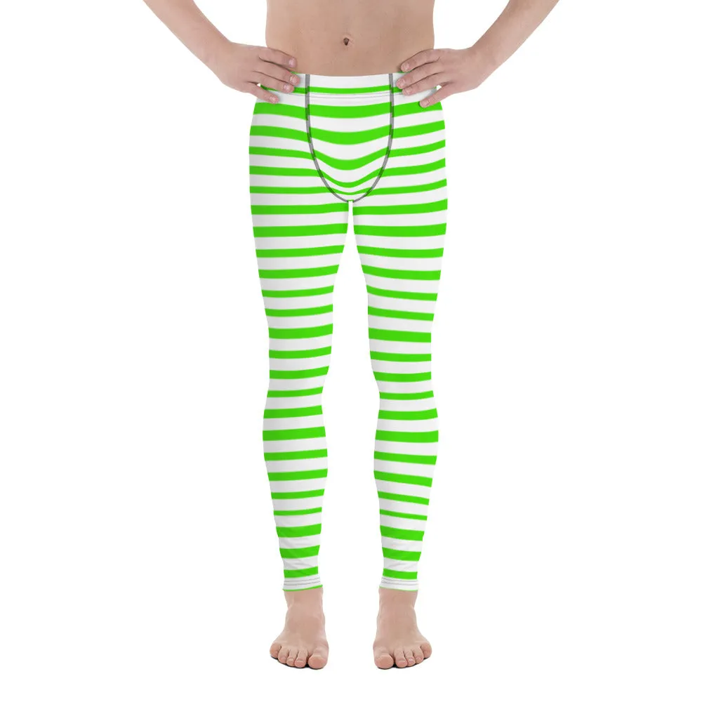 Green Striped Best Men's Leggings, Horizontal Stripes Modern White Meggings-Made in USA/EU