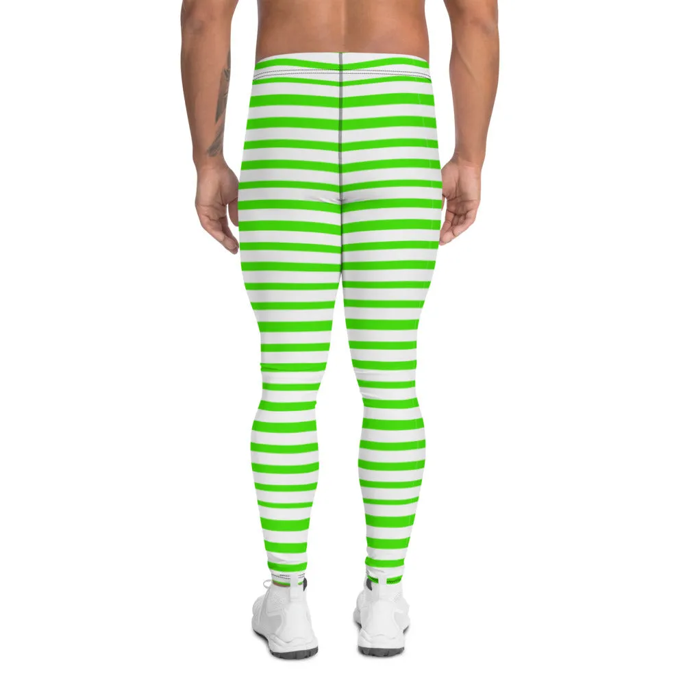 Green Striped Best Men's Leggings, Horizontal Stripes Modern White Meggings-Made in USA/EU