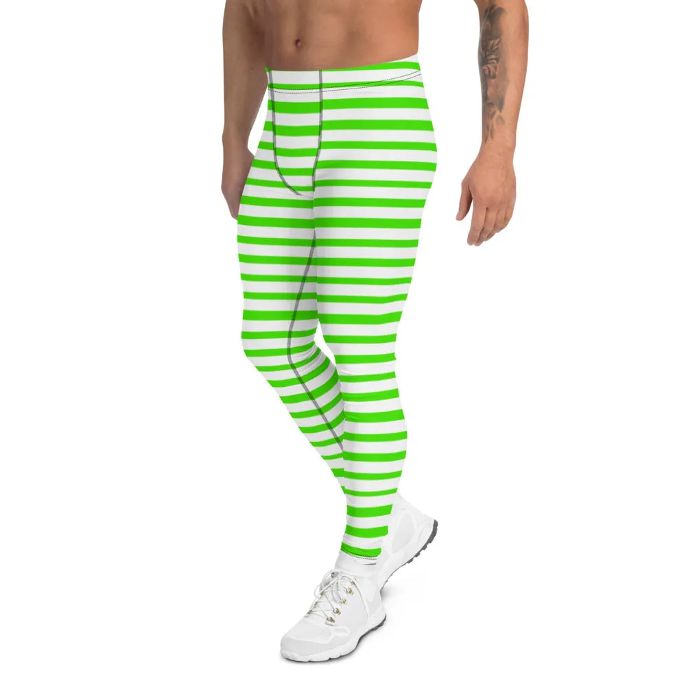 Green Striped Best Men's Leggings, Horizontal Stripes Modern White Meggings-Made in USA/EU