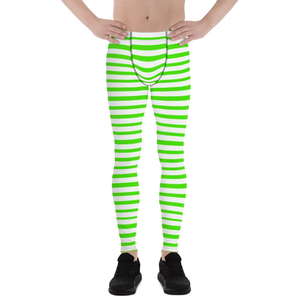 Green Striped Best Men's Leggings, Horizontal Stripes Modern White Meggings-Made in USA/EU