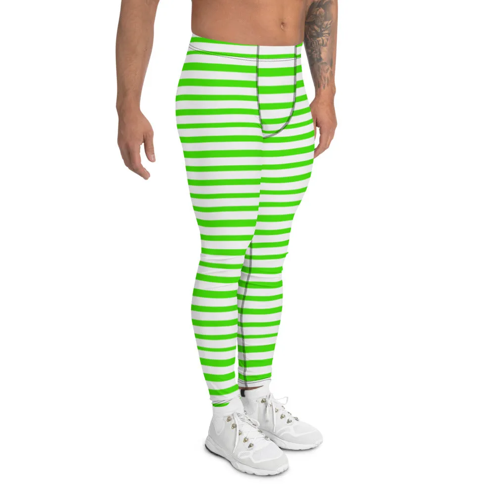 Green Striped Best Men's Leggings, Horizontal Stripes Modern White Meggings-Made in USA/EU