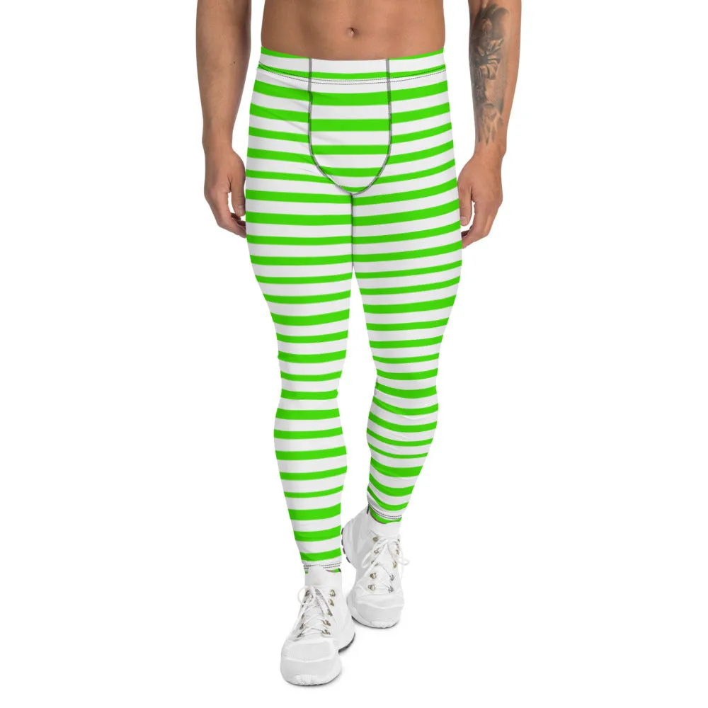 Green Striped Best Men's Leggings, Horizontal Stripes Modern White Meggings-Made in USA/EU