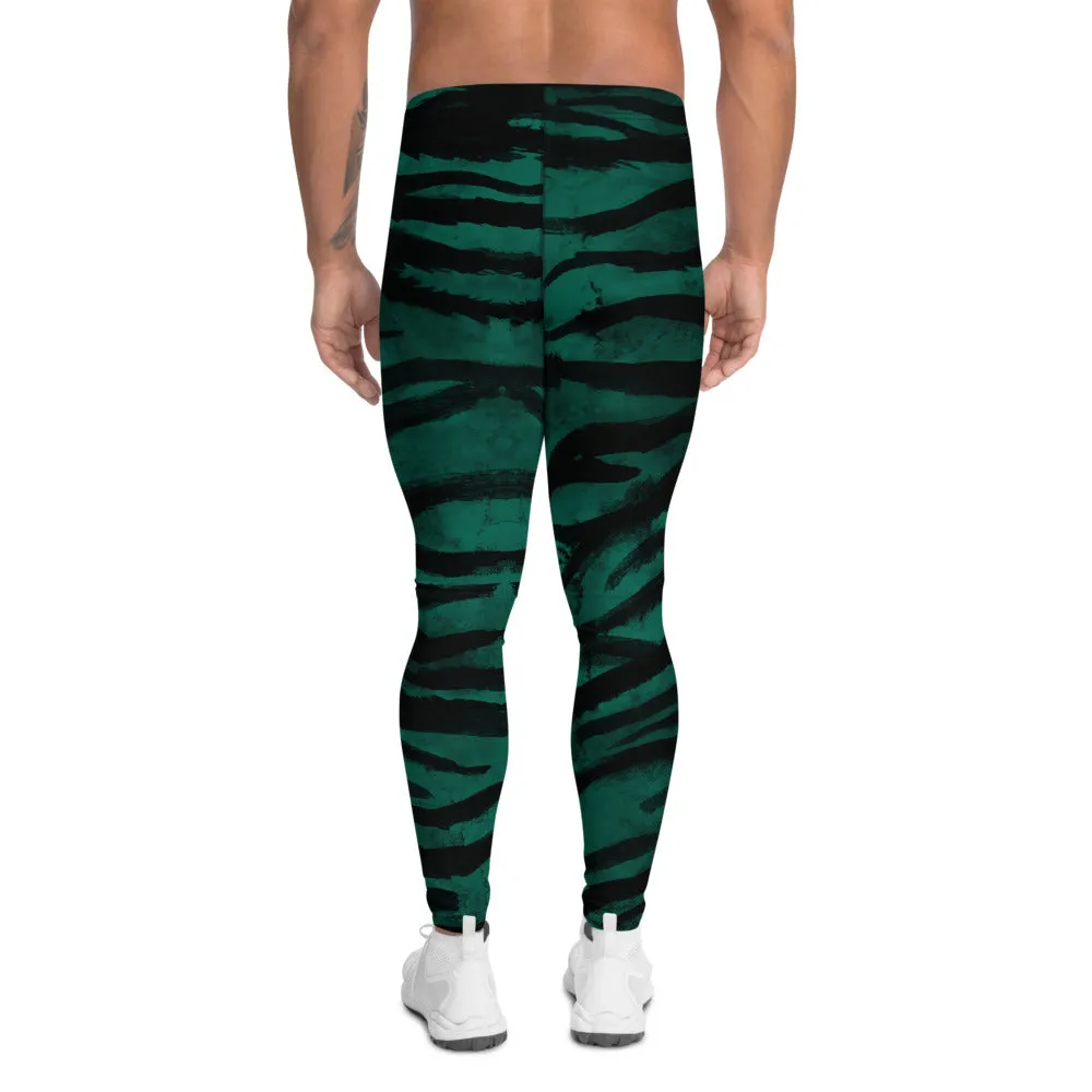 Green Tiger Stripe Men's Leggings, Wild Tiger Animal Print Meggings Tights-Made in USA/EU