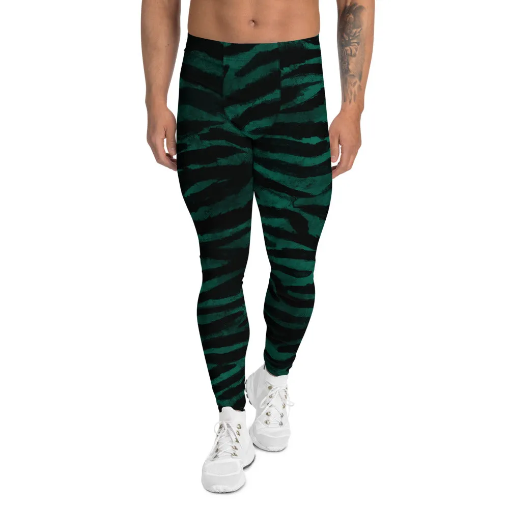 Green Tiger Stripe Men's Leggings, Wild Tiger Animal Print Meggings Tights-Made in USA/EU