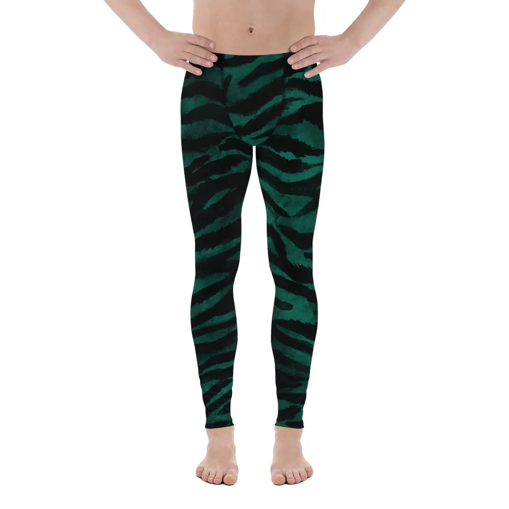 Green Tiger Stripe Men's Leggings, Wild Tiger Animal Print Meggings Tights-Made in USA/EU