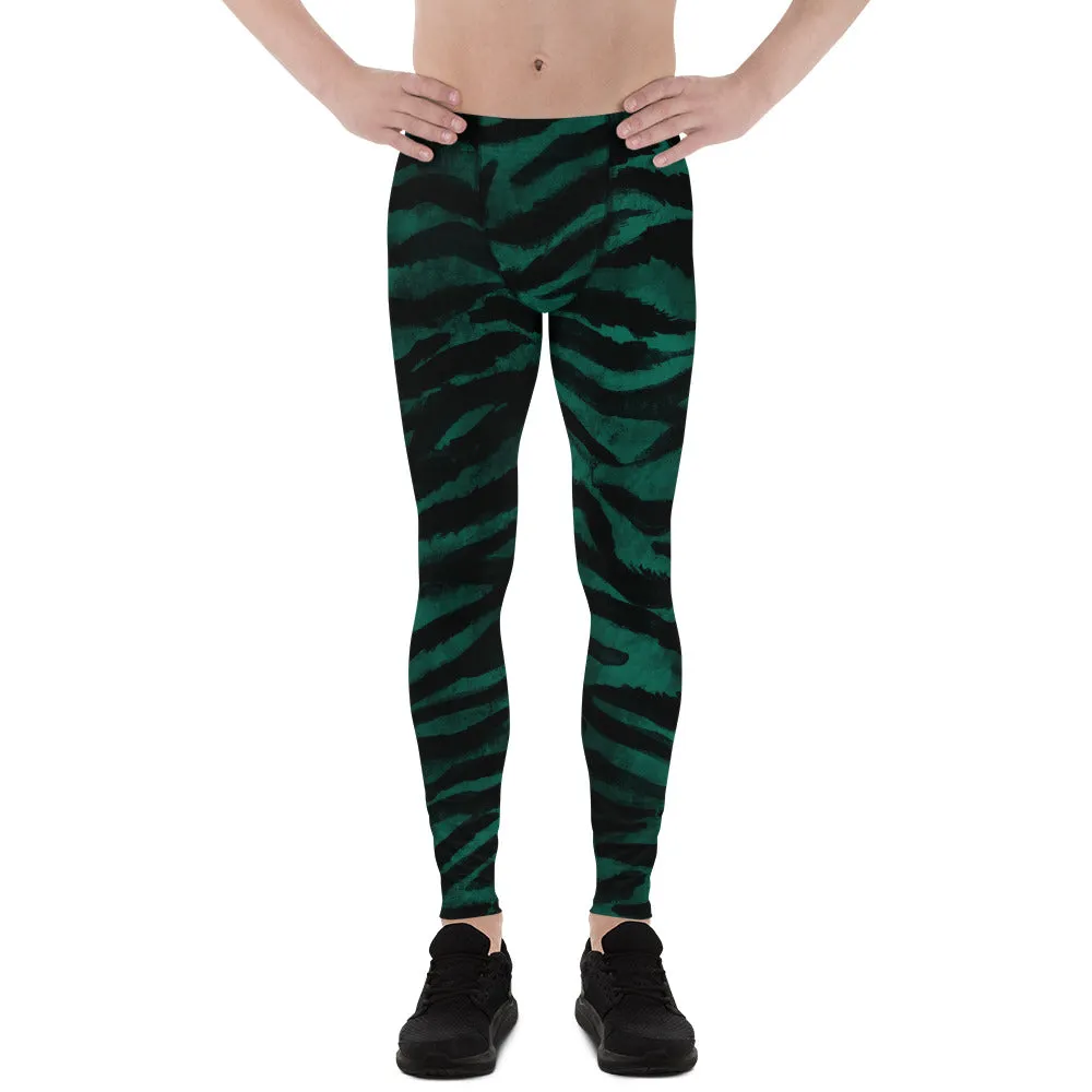 Green Tiger Stripe Men's Leggings, Wild Tiger Animal Print Meggings Tights-Made in USA/EU