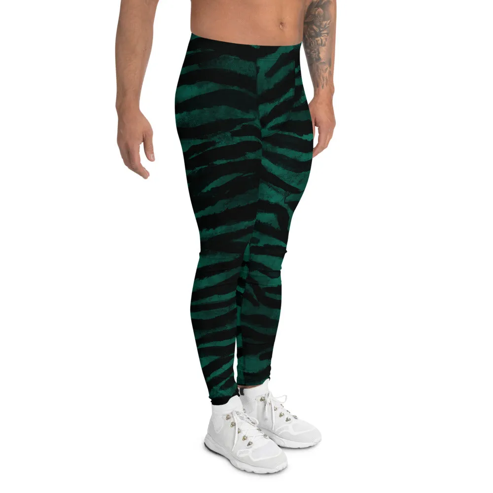 Green Tiger Stripe Men's Leggings, Wild Tiger Animal Print Meggings Tights-Made in USA/EU