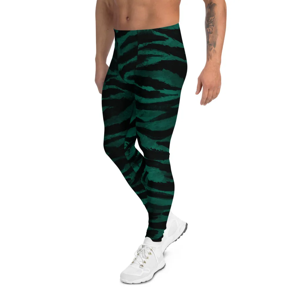 Green Tiger Stripe Men's Leggings, Wild Tiger Animal Print Meggings Tights-Made in USA/EU