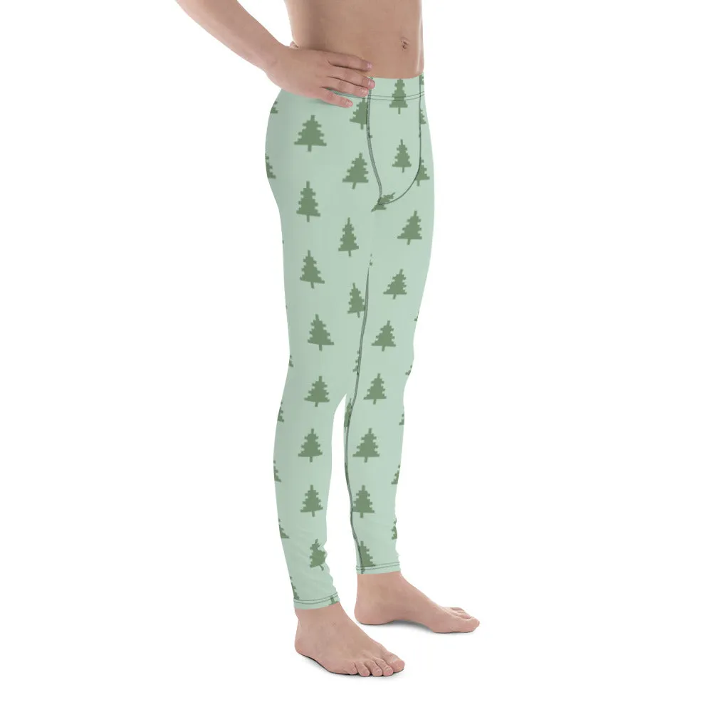 Green Xmas Tree Men's Leggings, Merry Holiday Christmas Meggings Festive Men's Tights-Made in USA/EU/MX