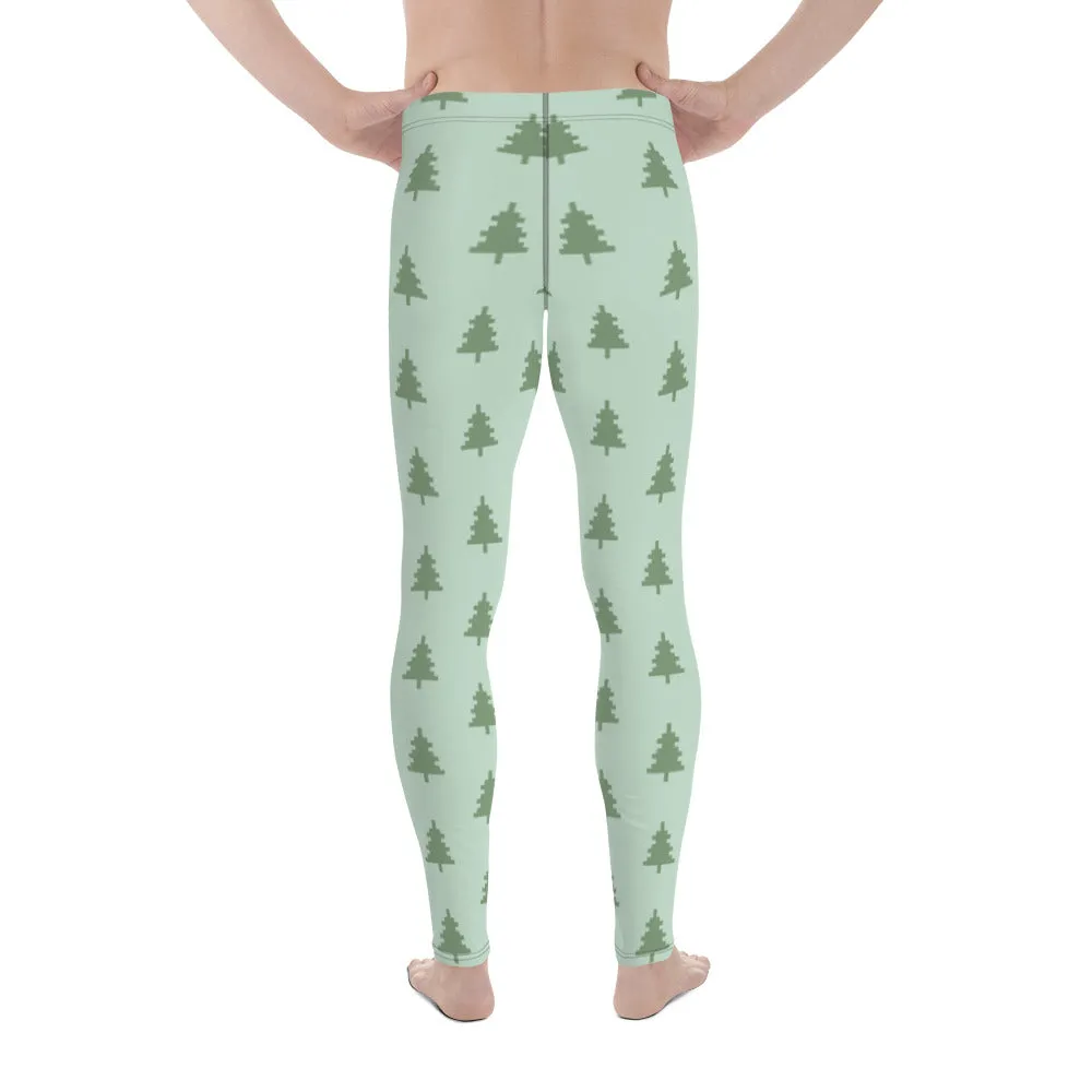 Green Xmas Tree Men's Leggings, Merry Holiday Christmas Meggings Festive Men's Tights-Made in USA/EU/MX