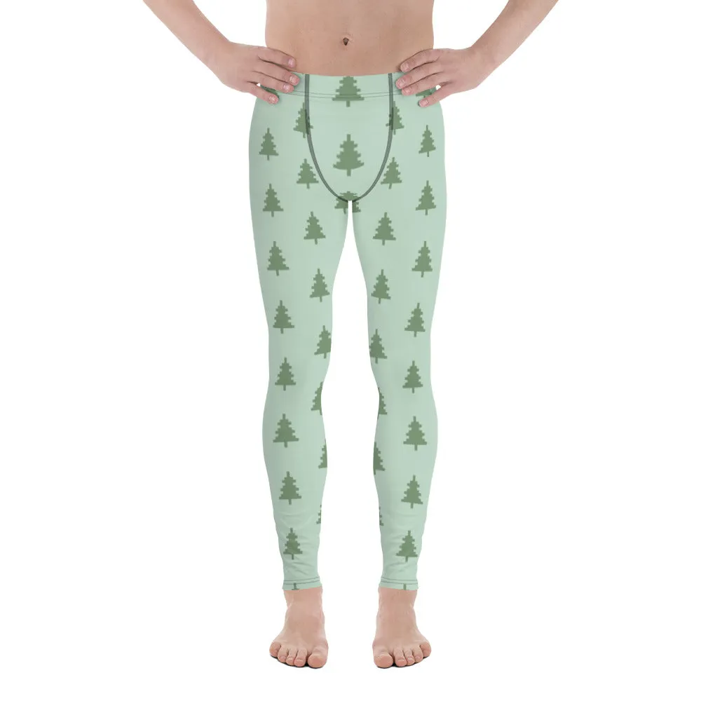 Green Xmas Tree Men's Leggings, Merry Holiday Christmas Meggings Festive Men's Tights-Made in USA/EU/MX