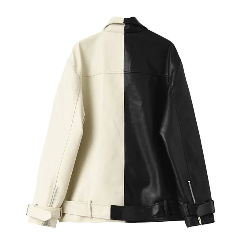 Half Black Half White Two-tone Vegan Leather Biker Coat Jacket with Belt