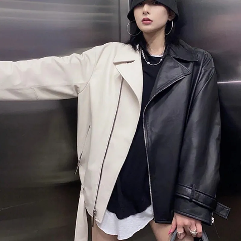 Half Black Half White Two-tone Vegan Leather Biker Coat Jacket with Belt