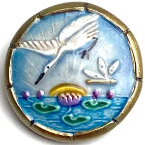 Heron and Dragonfly, Art Stone Bird in Metal Rim Artisan Button by Susan Clarke, 1-1/4" #1085