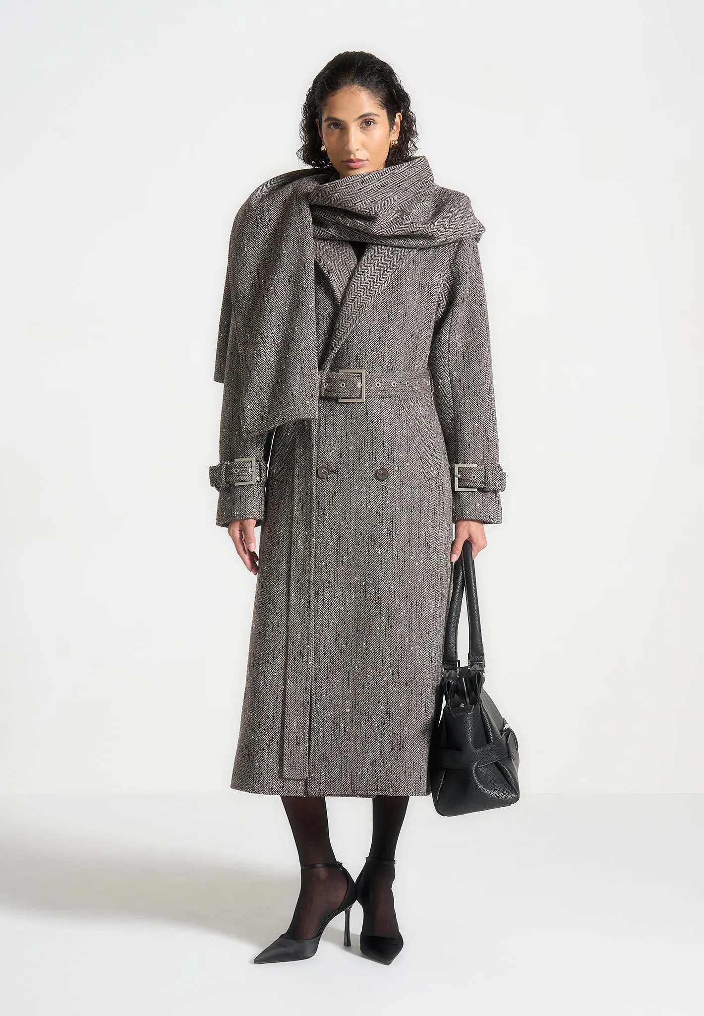 Herringbone Wool Trench Coat with Scarf - Brown