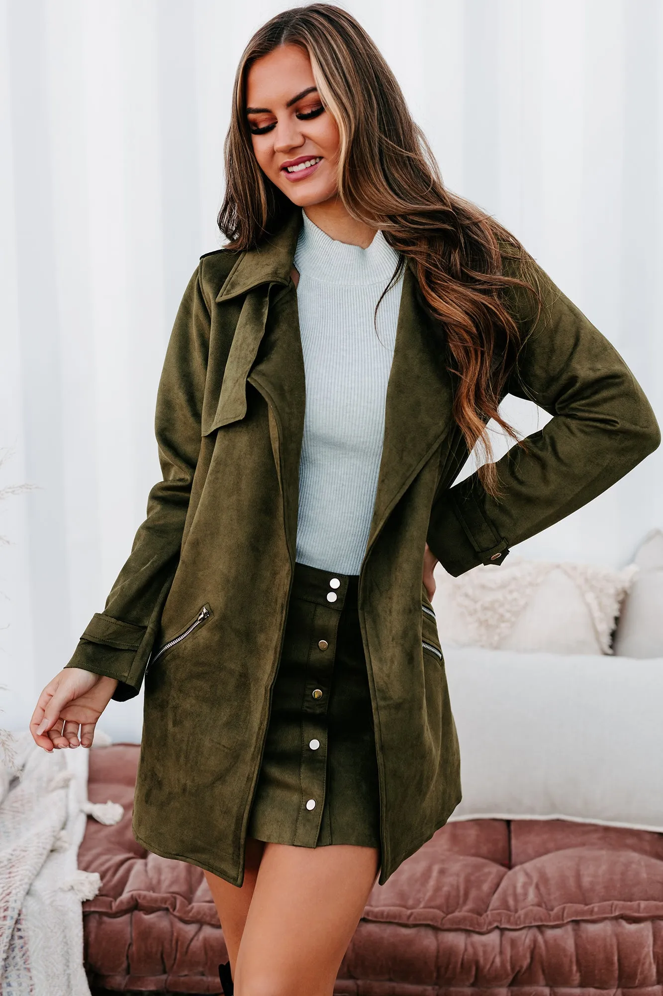 In The Trenches Faux Suede Coat (Olive)