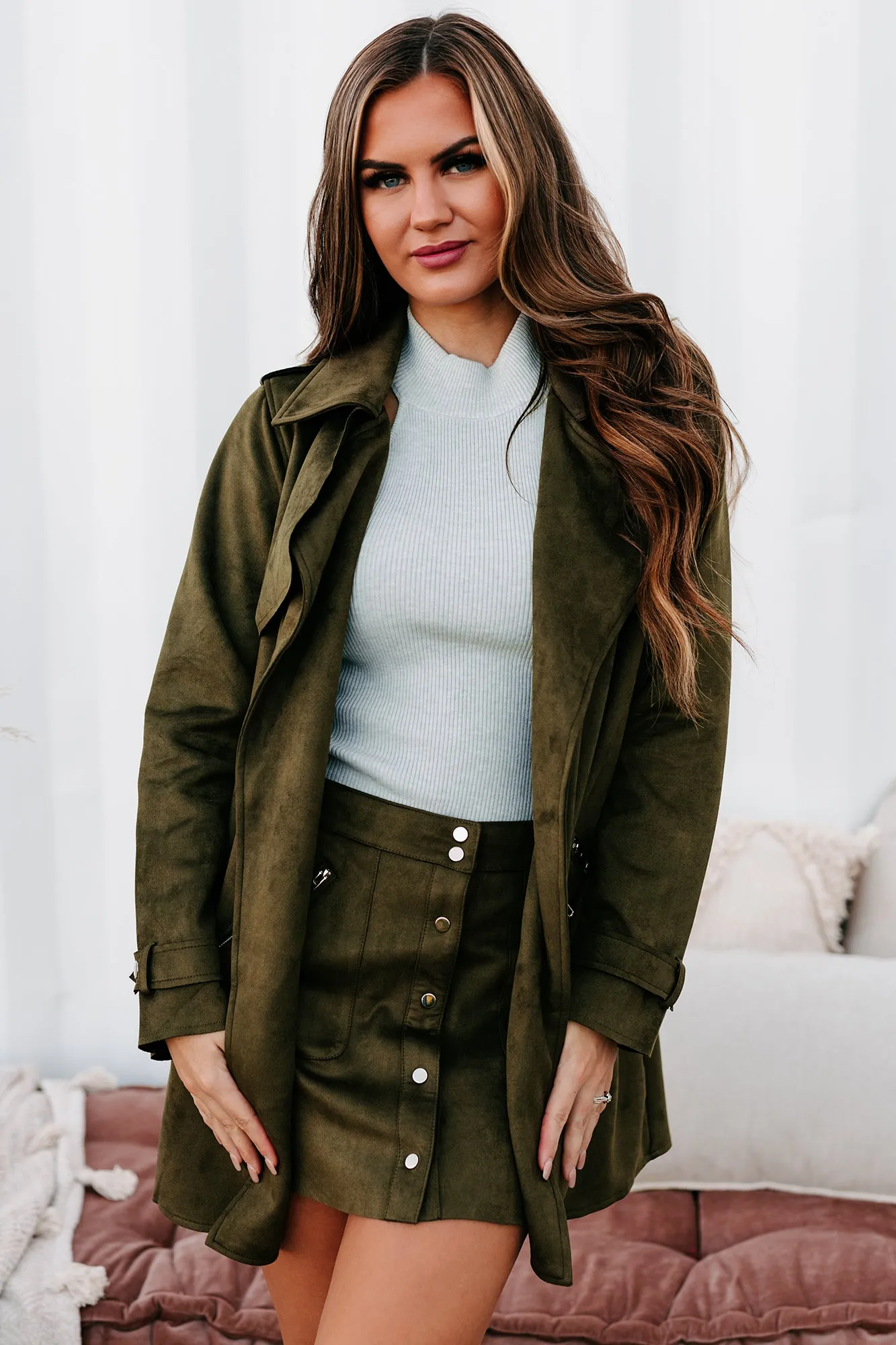 In The Trenches Faux Suede Coat (Olive)