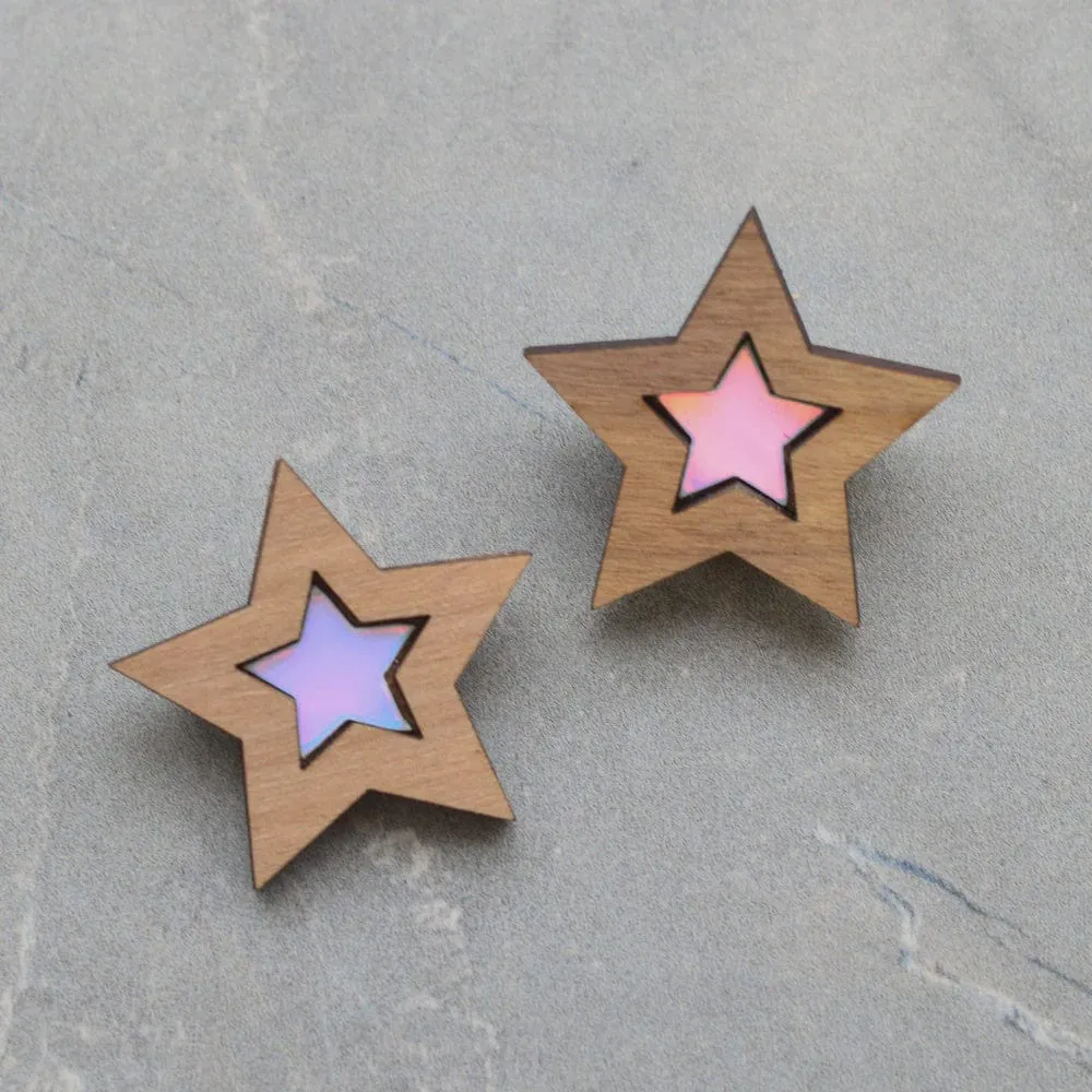 Iridescent Wooden Star Brooch