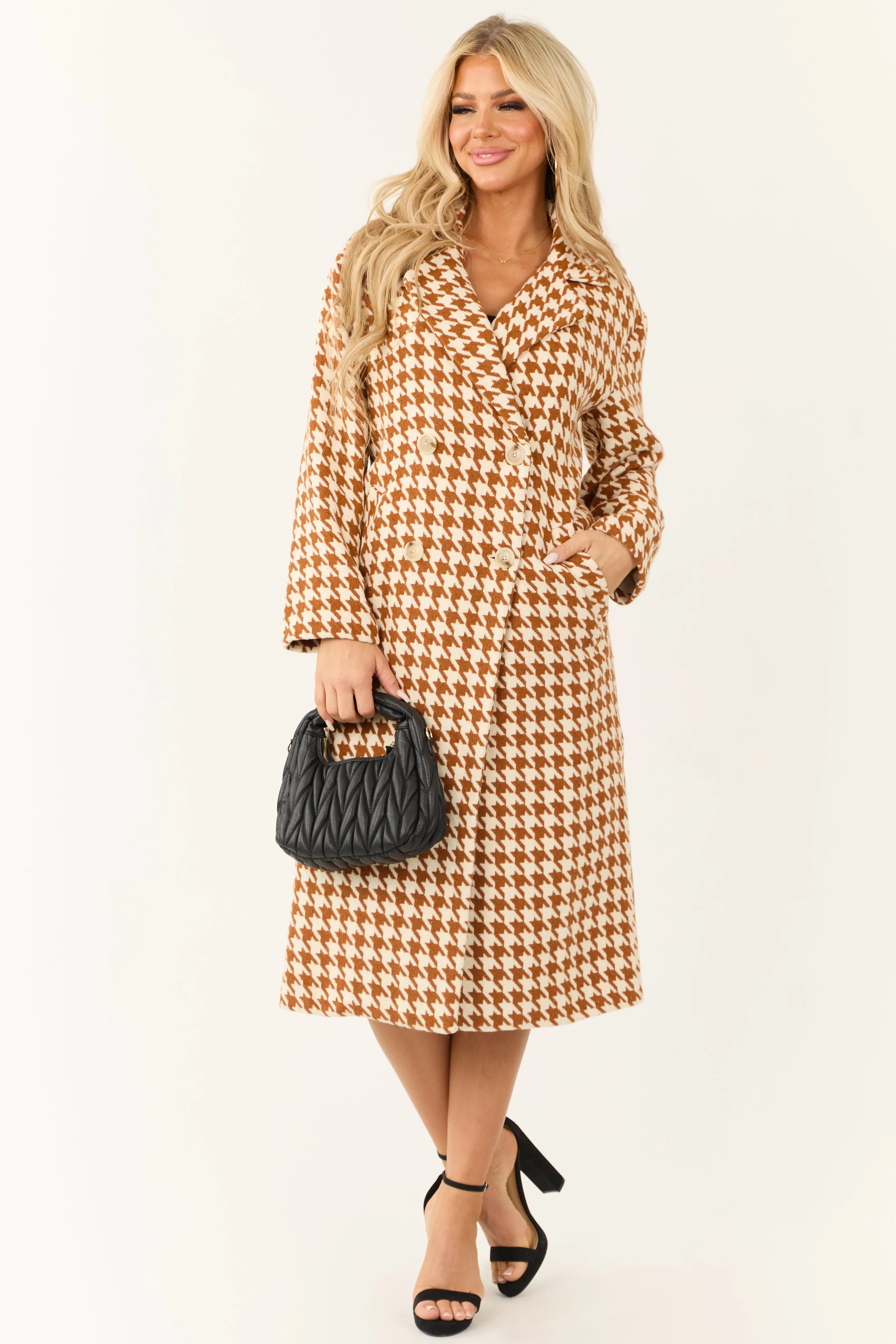 Ivory and Caramel Houndstooth Pattern Trench Coat