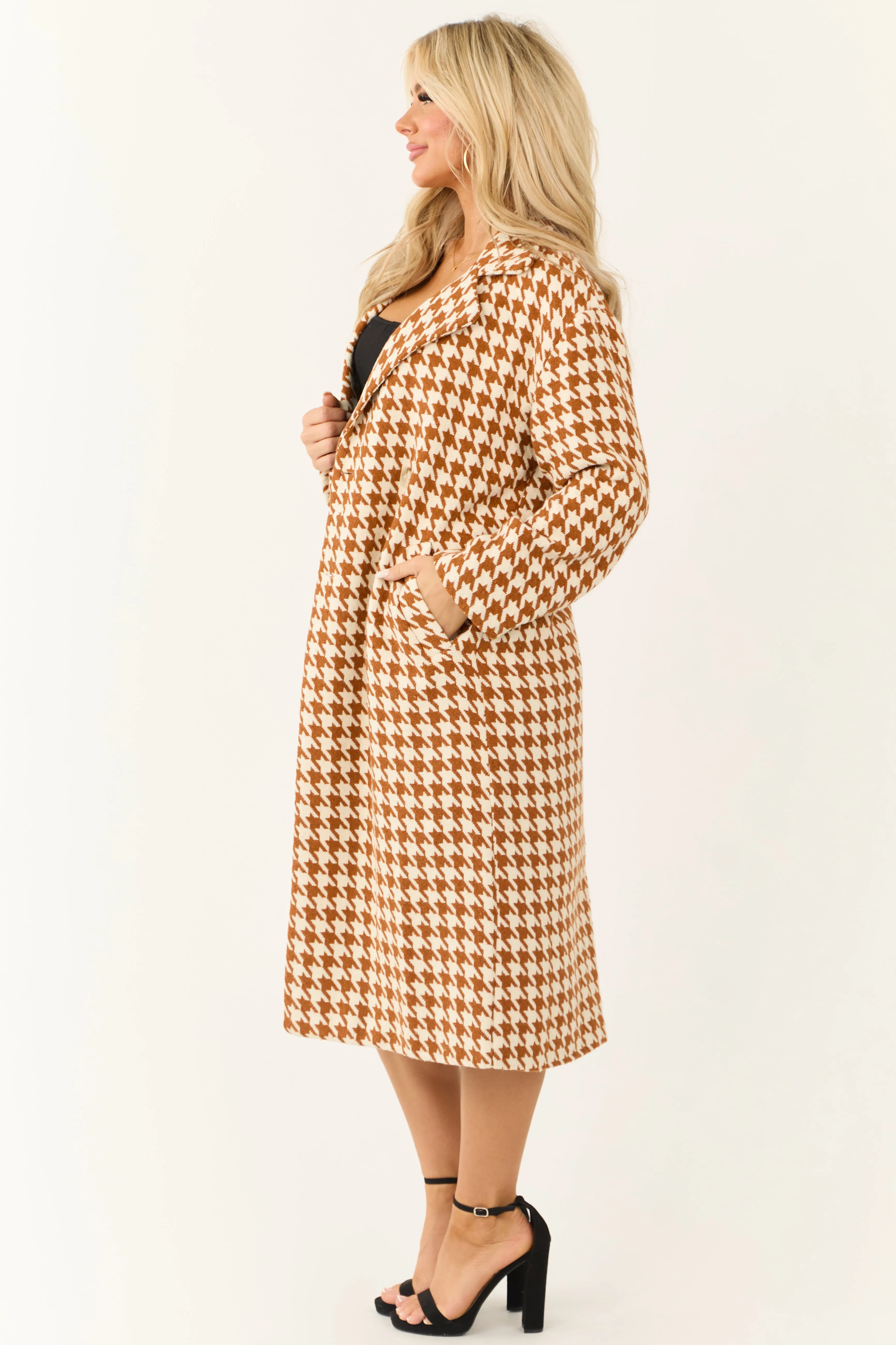 Ivory and Caramel Houndstooth Pattern Trench Coat